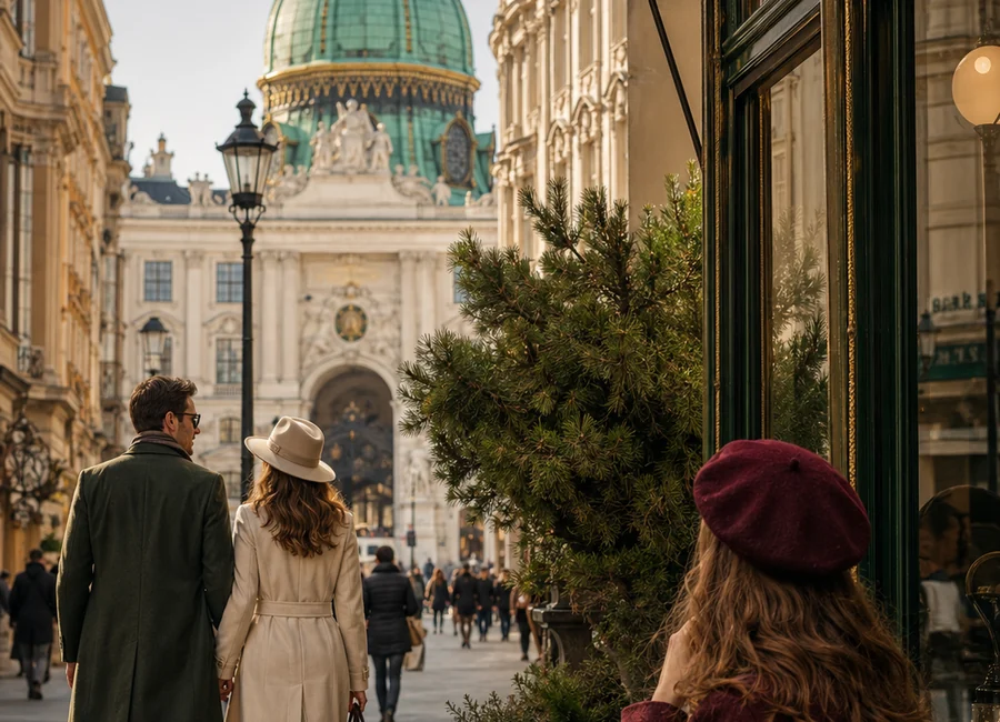 Wiener Kaffeehaus-Szene mit Hofburg-Kuppel und eleganten Reisenden
