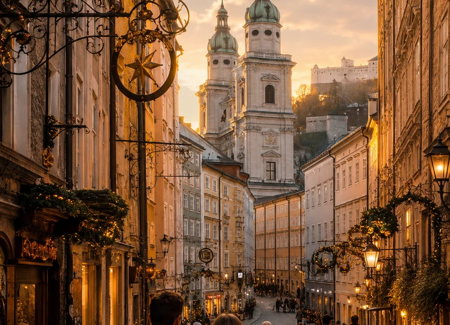 Salzburger Altstadt bei goldenem Licht mit barocken Türmen