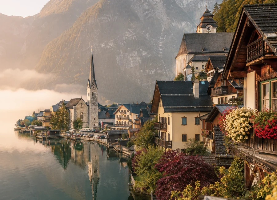 Hallstatt am Morgen mit See, Bergdorf und weichem Alpenlicht
