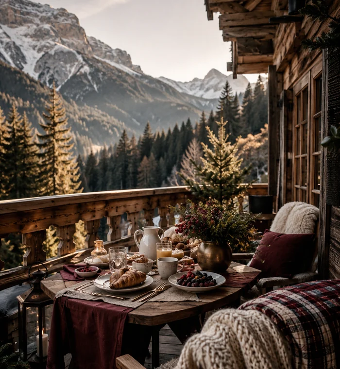 Gemütliches Chaletfrühstück mit Blick auf die Alpen