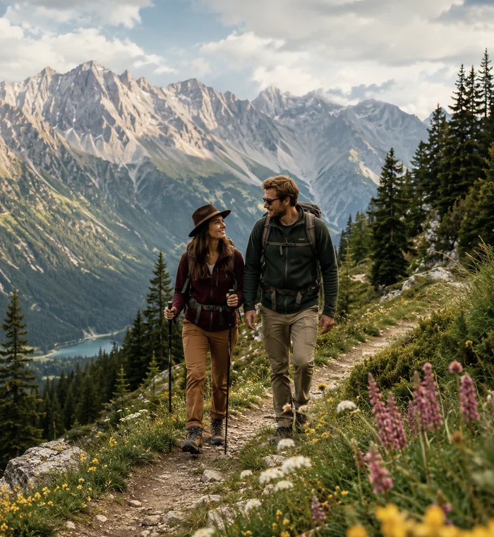 Wanderpaar auf einem alpinen Panoramaweg mit Wildblumen